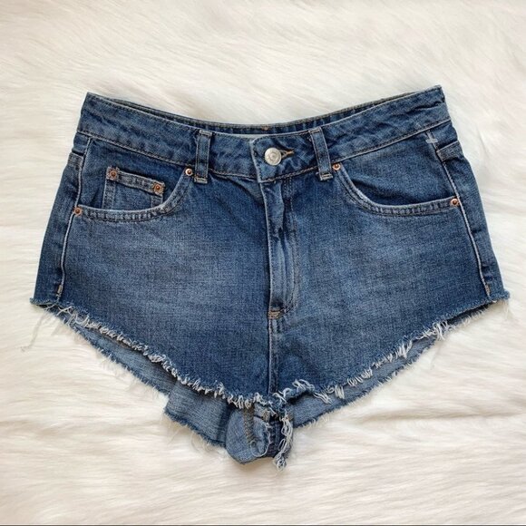 Topshop Moto Kiri Jean Shorts High Rise Waist Denim Raw hem Blue Size 4 - Picture 2 of 11